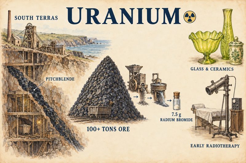 South Terras mine with its pitchblende lode, over a hundred tons of ore reduced to 7.5 grams of radium bromide, and the uses in uranium-coloured glass and ceramics and early radiotherapy.