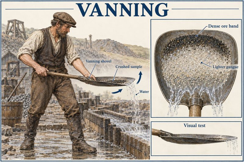 A miner vanning a crushed sample on a flat shovel, the dense ore collecting in a dark band above the lighter gangue.