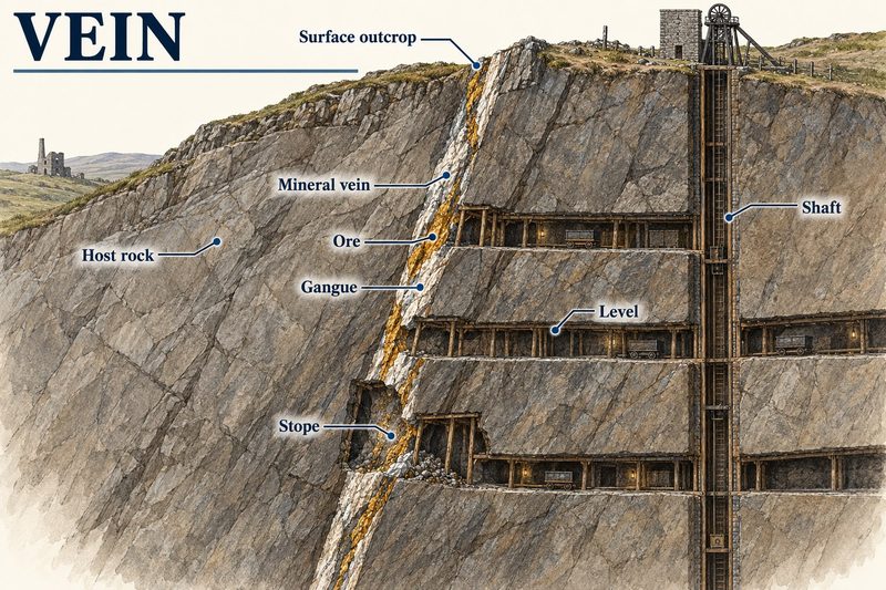 A pale mineral vein running from its surface outcrop down through grey rock, followed by a shaft, levels and a stope.