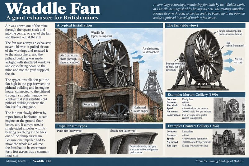 An open, caseless Waddle fan mounted high beside a pithead building, drawing air out of the upcast shaft and discharging it at the rim.