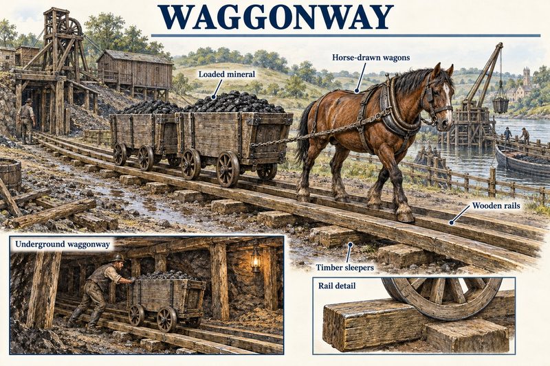 A horse drawing timber wagons of coal along wooden rails on sleepers towards a riverside staithe, with a flanged wheel shown on a rail.