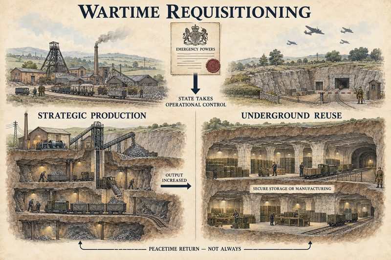Diagram of emergency powers putting a mine under state control, either to force up output of a strategic mineral or to reuse disused workings as secure underground storage and manufacturing.
