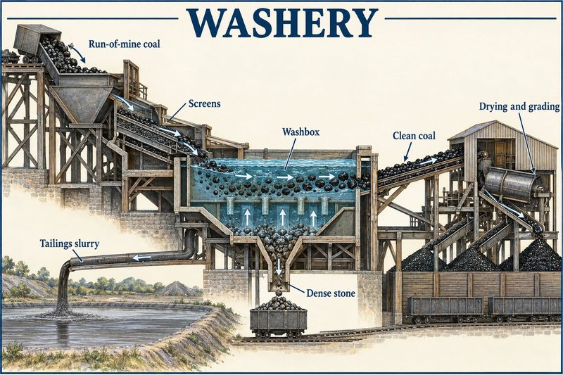A coal washery, run-of-mine coal screened and washed so clean coal goes on to grading and wagons while stone drops out below.