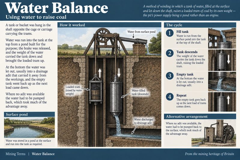 A water tank descending one side of a timbered shaft while a loaded coal tram rises on the other, with the surface pond above and a drainage adit below.