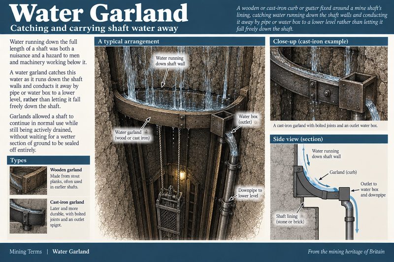 A curb fixed round a timbered shaft lining, catching water running down the walls and leading it to an outlet box and downpipe.