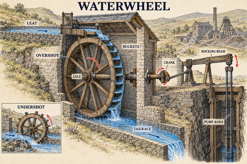 Cutaway diagram of an overshot waterwheel driving a crank, rocking beam and pump rods, with leat, buckets, tailrace and an undershot inset.