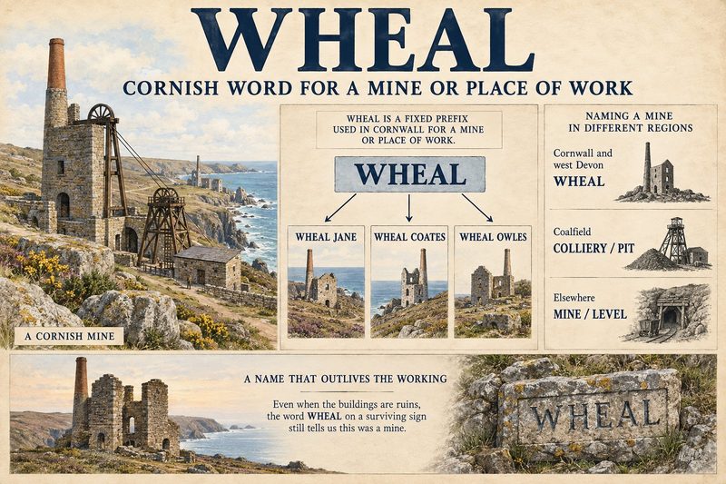 A Cornish engine house on the coast, the word wheal as a fixed prefix leading to Wheal Jane, Wheal Coates and Wheal Owles, the naming in other regions as colliery or mine, and a surviving name stone.