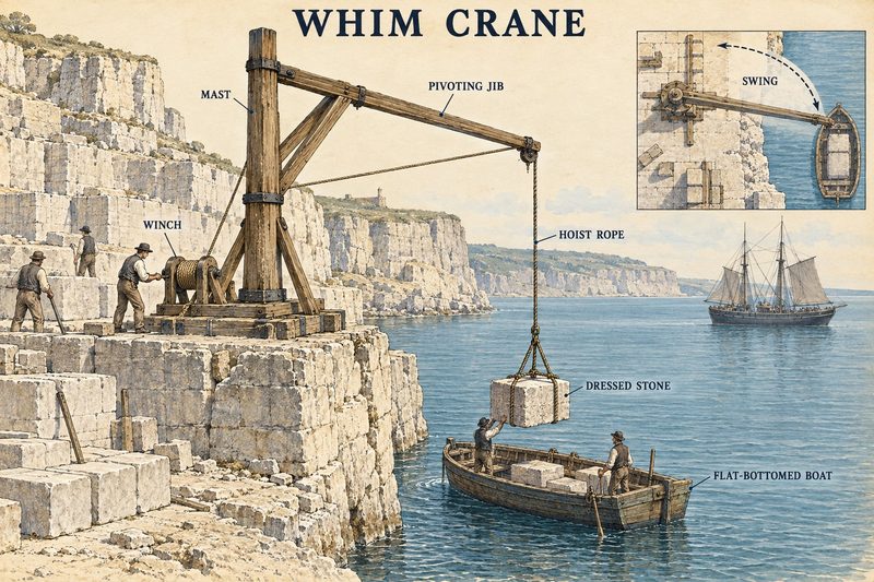Diagram of a wooden coastal quarry whim crane swinging a dressed stone block from the cliff edge into a flat-bottomed boat below.
