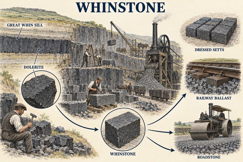 Dolerite of the Great Whin Sill quarried and dressed into setts, and crushed for railway ballast and roadstone.