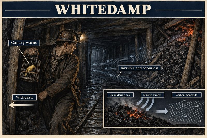 A miner withdraws when his canary reacts to invisible carbon monoxide drifting from smouldering coal, with an inset of burning coal starved of oxygen.