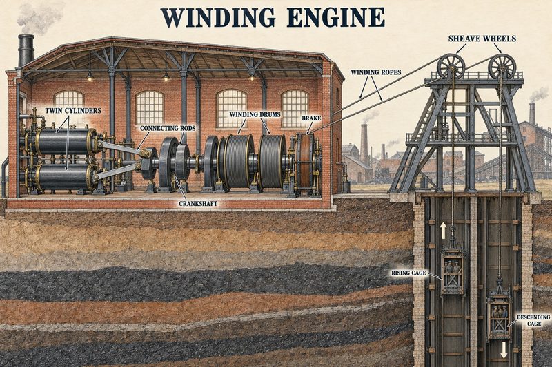 Cutaway diagram of twin steam cylinders driving two winding drums and ropes over headgear sheaves to rising and descending cages in a two-compartment shaft.