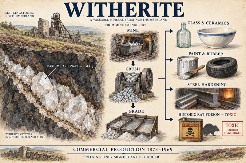 Settlingstones mine above a vein of witherite crystals, the ore mined, crushed and graded, and its uses in glass and ceramics, paint and rubber, steel hardening and rat poison, 1873 to 1969.